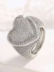 Street Hip Hop Heart Shape Ring, Artificial Zirconia Full Embellishment, Shiny Eye-Catching Design, Unisex Valentine's Day Gift, Copper Inlaid Zircon, Heart Signet Ring