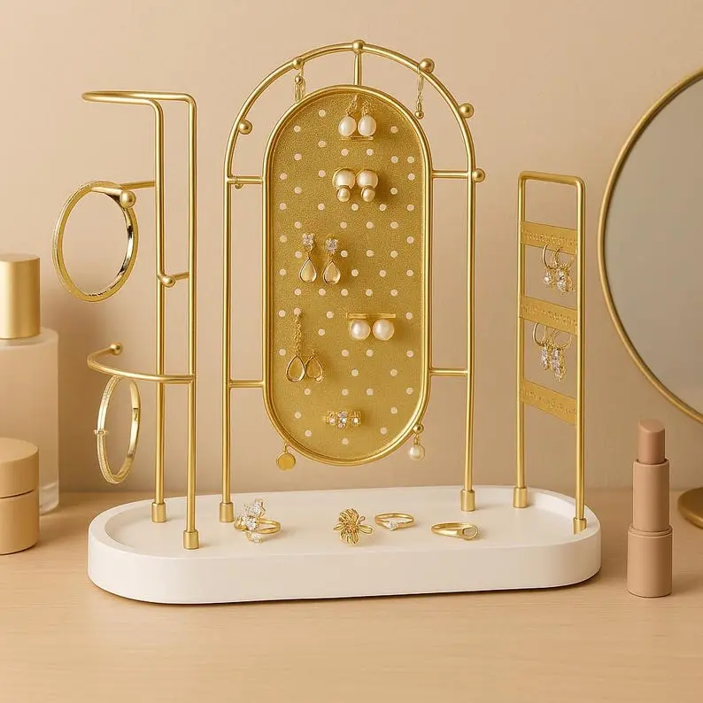 Gold Jewelry Organizer with Tray, Modern Multi-Tiered Necklace Earring Bracelet Stand,Gift for Her