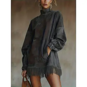 Bohemian-style fringed dress - High neck, loose straight cut, with pockets, soft long sleeves, perfect for autumn and winter, parties, everyday outdoor wear, and outfit coordination.