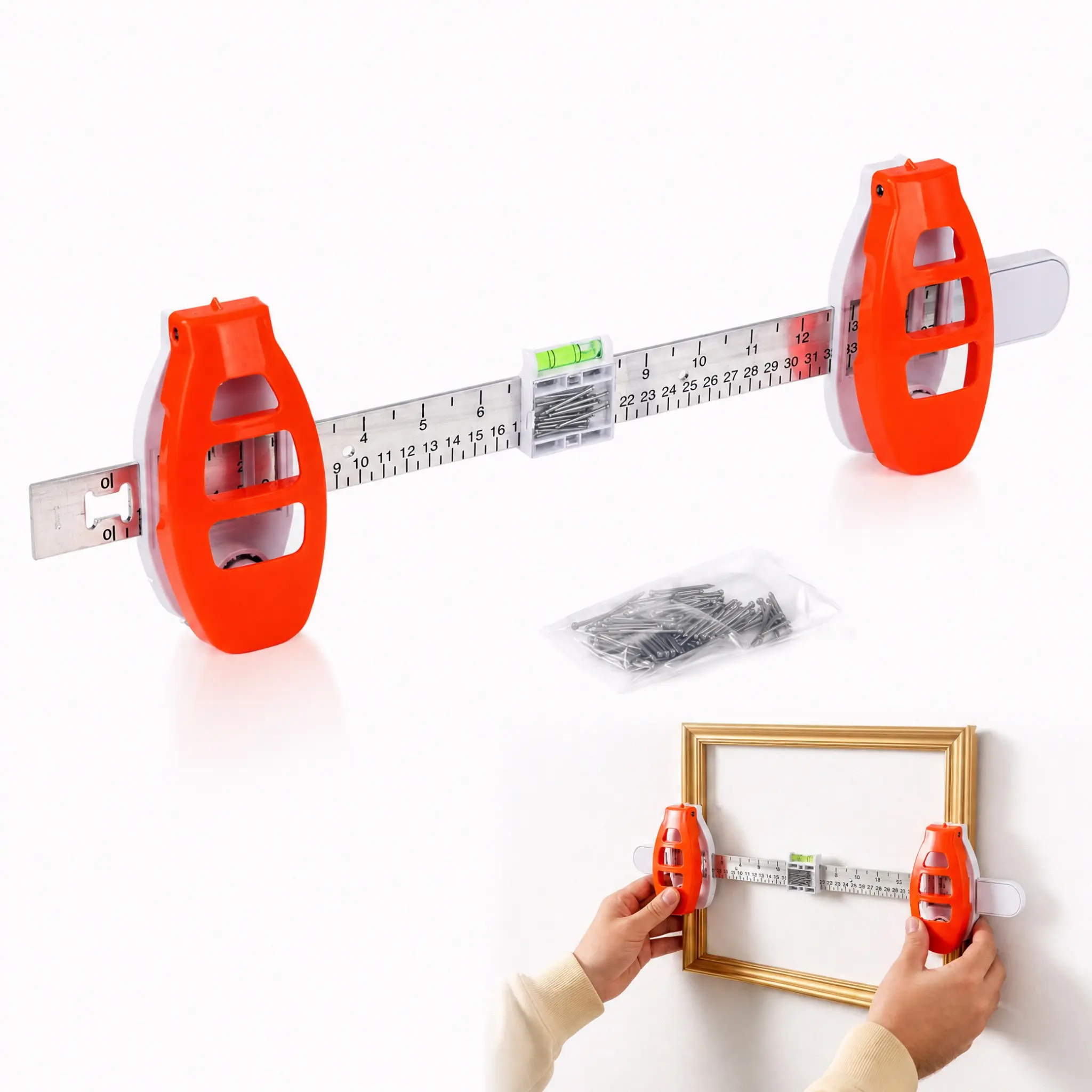 PICTURE Hanging Tool, Picture Frame Hanging Tool, Leveling Ruler, Wall Mounting Tool and Nail Installation Tool, 3-in-1 Adjustable Measuring Guide with Built-In Bubble Level for Artwork, Photo Frames and Home Decor