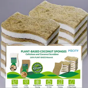 PUCITY Plant-Based Coconut Sponges Natural Dish Sponge Cellulose & Coconut Scrubber Non-Scratch Eco-Friendly Kitchen Sponges for Dishes Pack of 12 Household Cleaning Soap