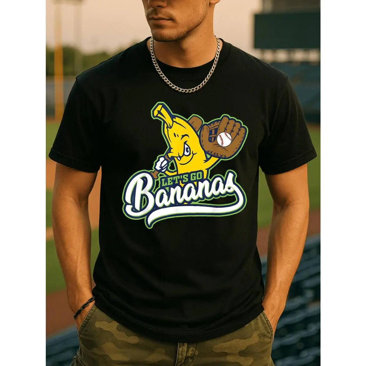 Graphic T-Shirt with 'Let's Go Bananas' Baseball Print, Casual Soft 180g Cotton Short Sleeve for Outdoor & Halloween, Menswear, Sports Clothes, Shortsleeve, Activewear