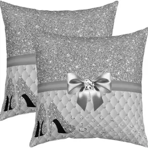 2-Piece Bow Print Plush Pillow Covers, Zipper Closure Washable 18x18 Cm, Farmhouse Decor for Living Room Sofa Bedroom Bedside