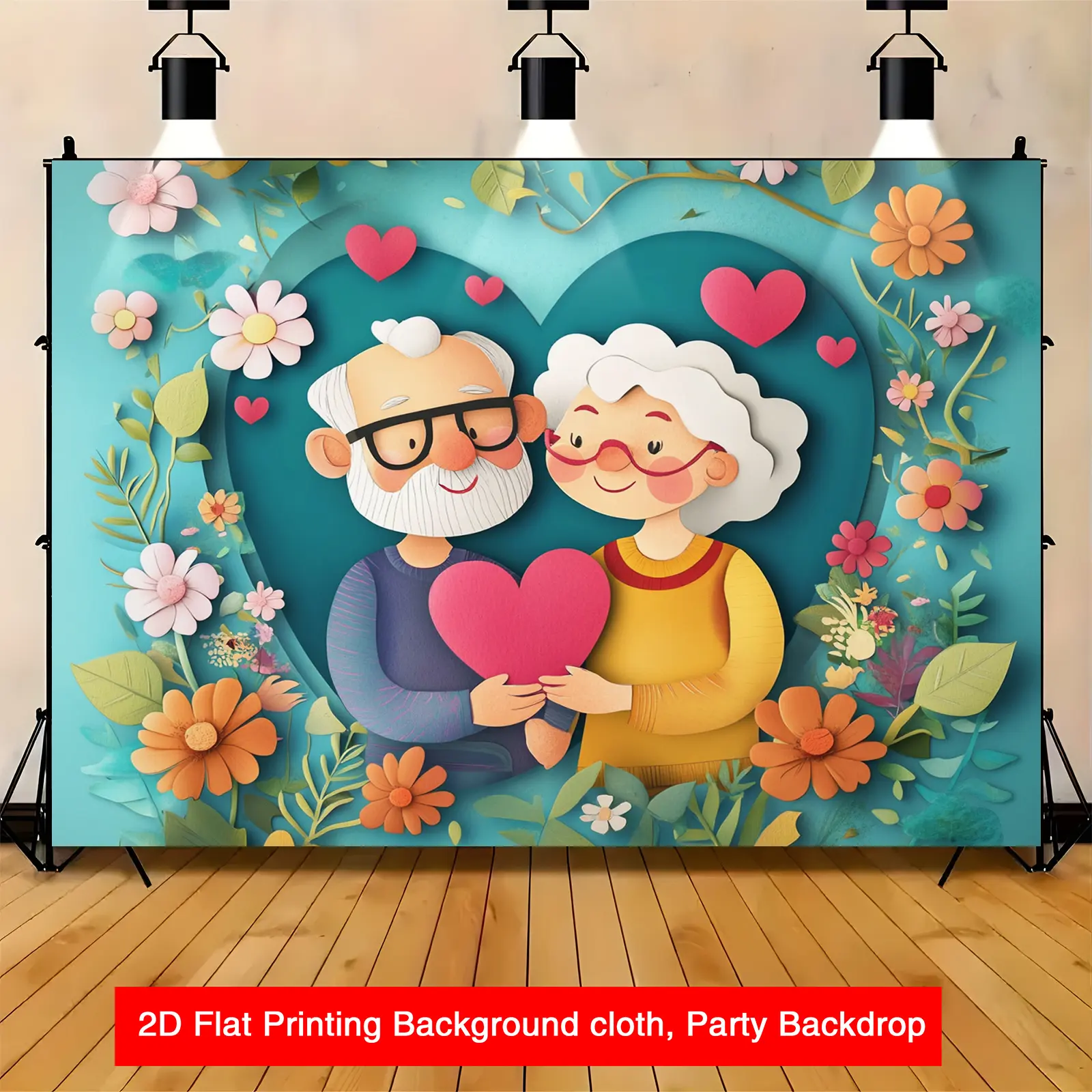 1PC Polyester Reusable 2D Flat Cartoon Loving Elderly Couple Backdrop Banner, Floral Heart & Flowers-Themed Background Cloth for Golden/Silver Weddings, Romantic Photo Shoots, Photo Booth, One-Piece
