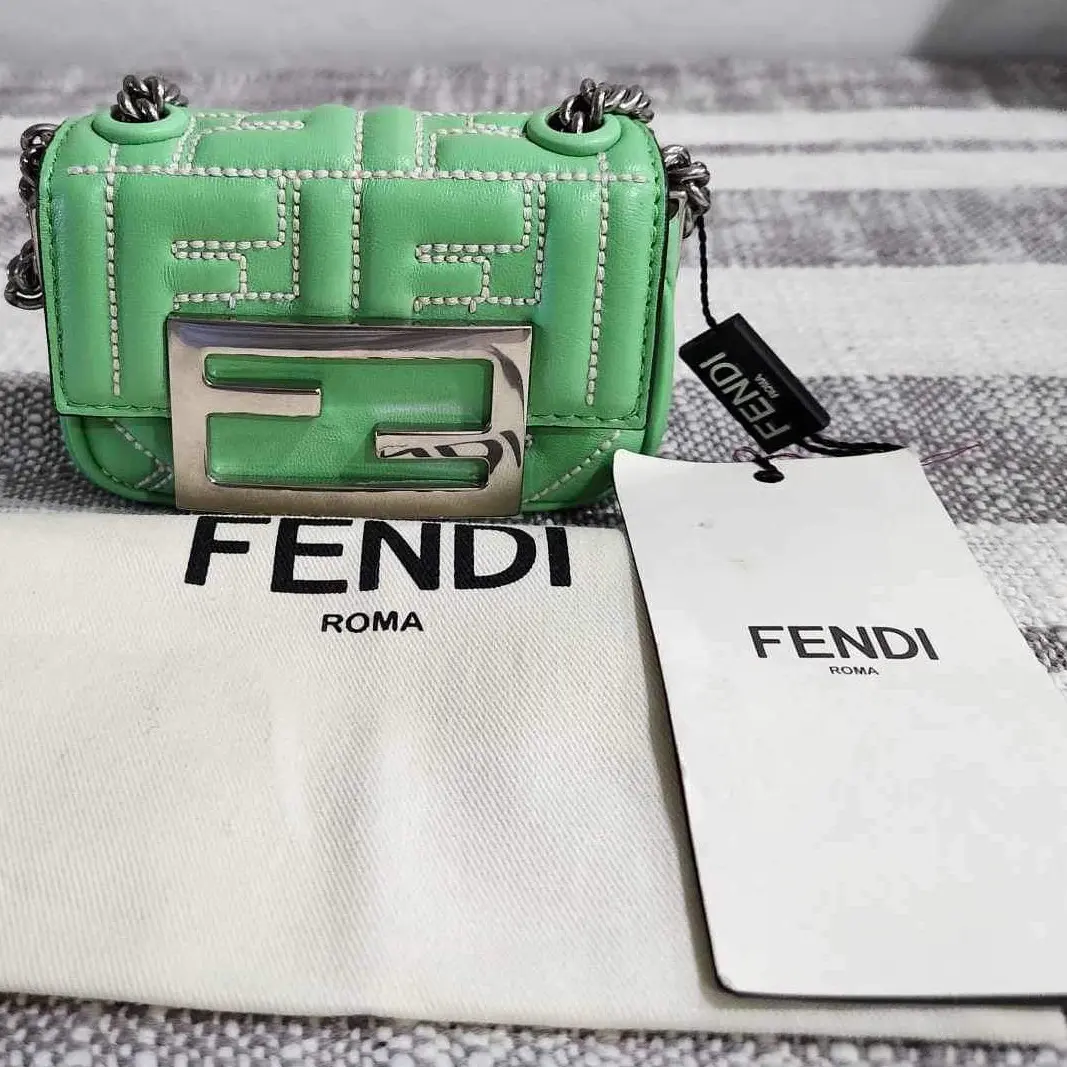 Pre-owned FENDI Nappa Leather Mini Bags PRELOVED Nano Baguette Chain Bag in Edamame Green Leather New with tags