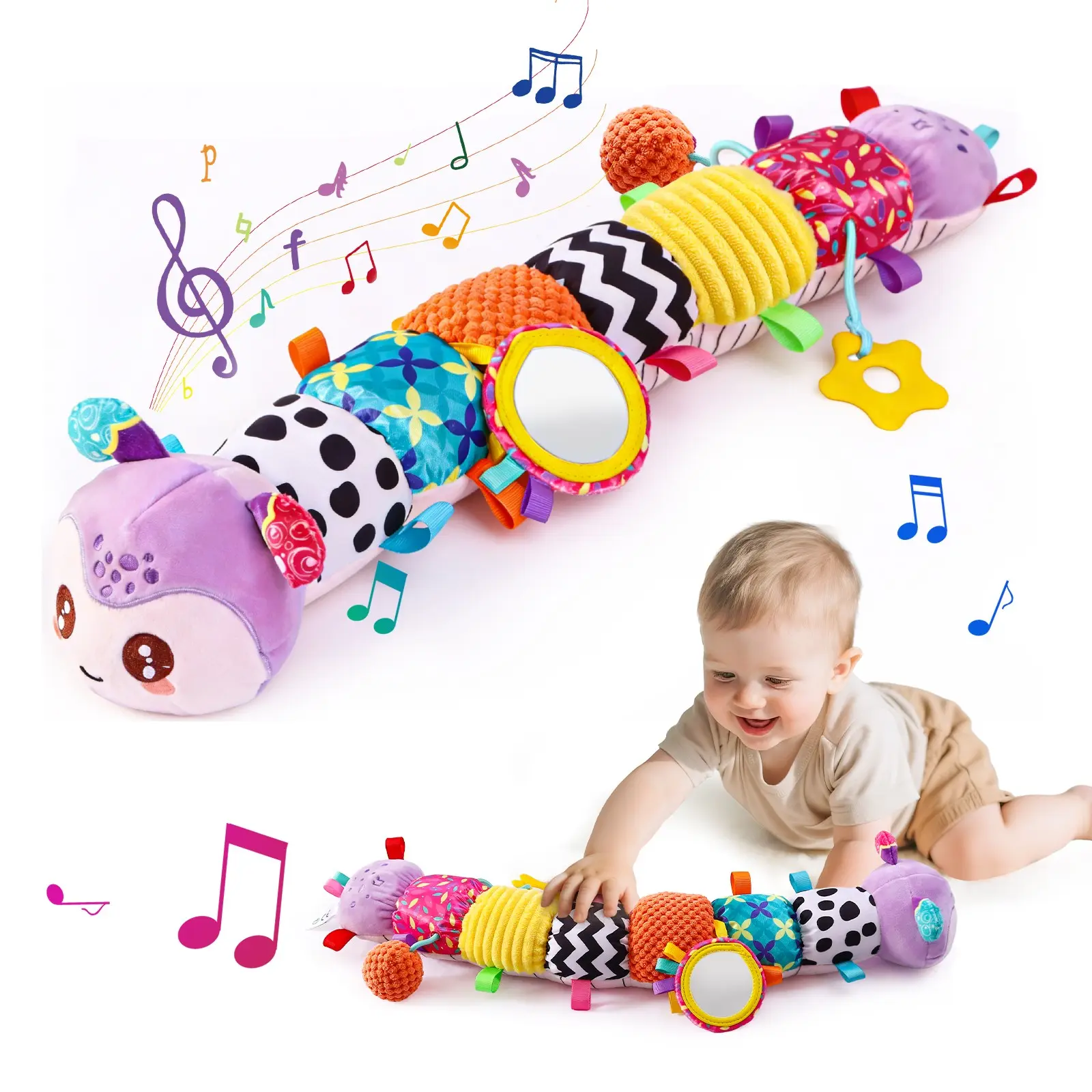 Baby Toys 0-6 Month, Music Play Animal Stuffed Caterpillar Toy for Infant 0-3 3-6 Months with Mirror Crinkle Rattle, Rattle Maracas Sensory, Tummy Time Sensory Toys for 3 4 5 6-12 Month, Newborn Baby Shower Birthday Gifts