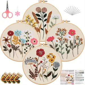 4 Pack Cross Stitch Kits,Flower Embroidery Kit for Beginners with Pattern and Instructions,2 Wooden Embroidery Hoops,Threads and Needles,Needlepoint Kit for Adults Interior Decoration
