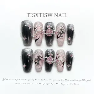 TISXTISW 3D Collections 10PCS Press-On Nails - Handmade, Medium Length, Super Strong, Includes Storage Box, Adhesive Tabs, Double-Sided Nail Buffer