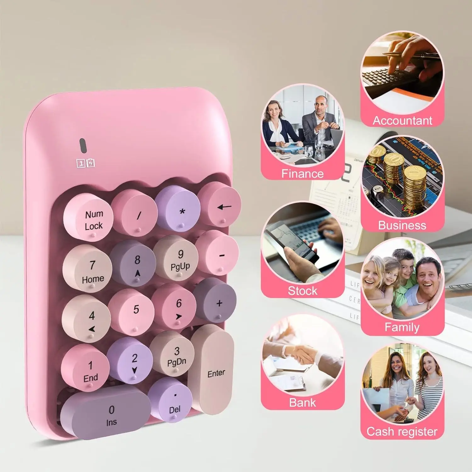 Wireless Number Pad, Cute 18 Keys Numeric Keypad with 2.4G Mini USB Receiver, Portable Silent Number Numpad Financial Accounting for Laptop, PC, Notebook, Desktop, Surface - Pink Mix/ Black Mix