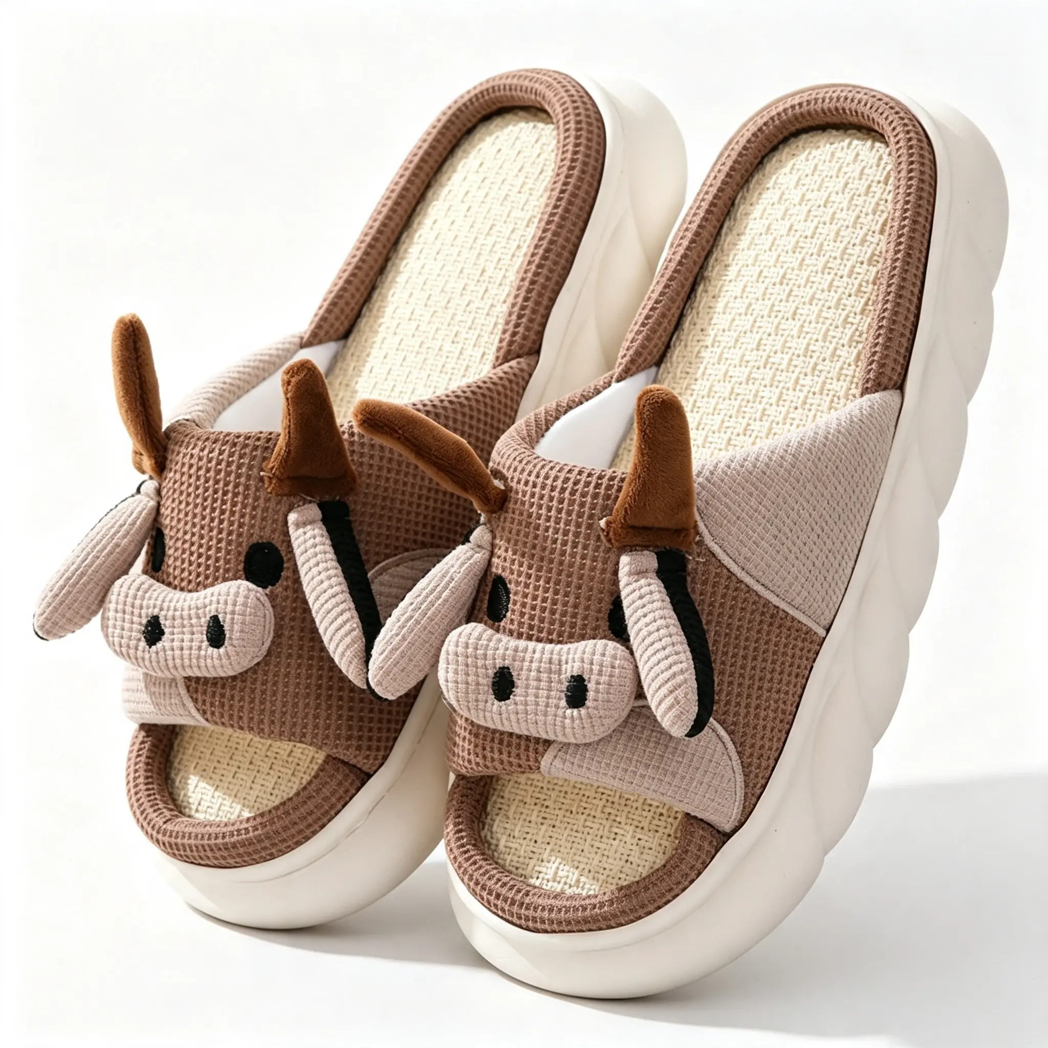 Women 3D Cow Animal House Slippers Breathable Linen Platform Slides, Thick Sole, Non-Slip Indoor Footwear
