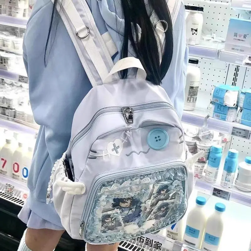 Cute Cartoon Cat Japanese Backpack Large Capacity Casual Student Bag Wings Decor Y2k ItaBag Girl Nylon Aesthetic Backpacks Women