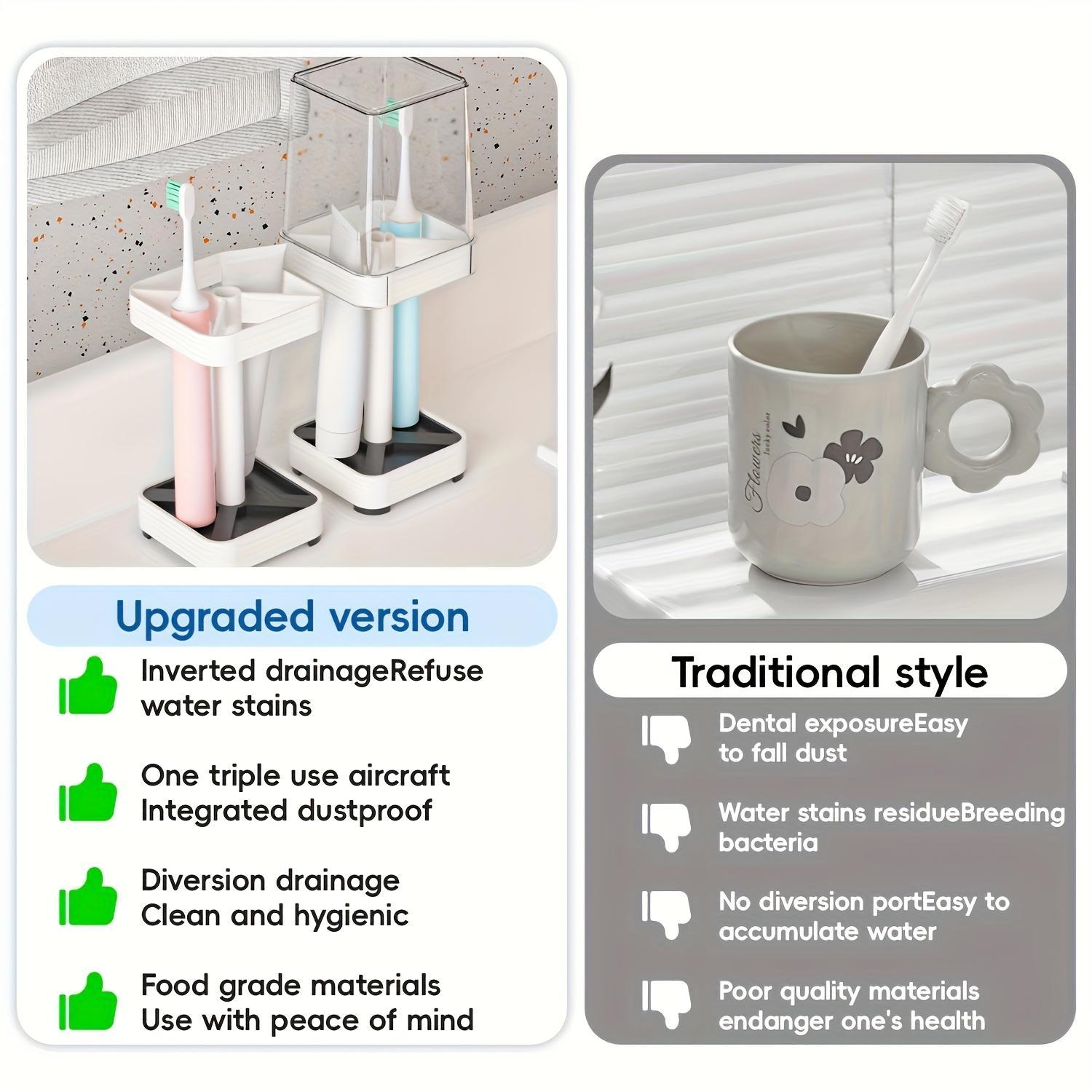 Classic 3-Compartment Portable Bathroom Toothbrush Holder - Durable Upright Organizer with Non-Slip Base, Dedicated Toothpaste Slot for Manual Toothbrushes of Various Sizes