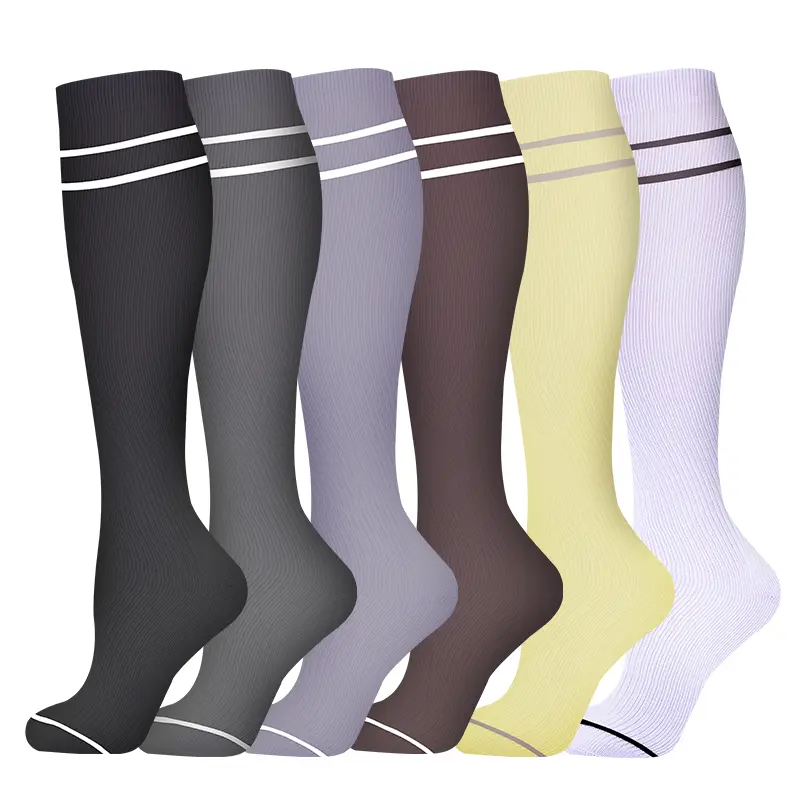 MhzyCaus    6 Pairs Compression Socks for Women & Unisex, Striped Knee High Calf Support Socks, Soft Breathable Athletic Socks for Running, Cycling, Travel, Daily Wear, Trendy Color Block Long Socks