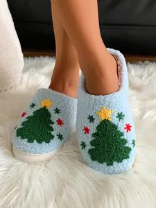 Christmas Plush Soft Slippers, Creative Embroidered Tree Design, Unisex Indoor Outdoor Warm Shoes, Fall Winter Holiday Gift