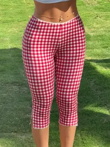 Fashion Plaid Waist and Hem Lace Trim Seven-Quarter Tight Pants, Stylish Women's Casual Wear, Comfortable and Trendy Design