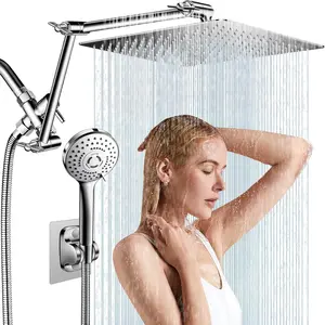 12'' Rain Shower Head Combo, High Pressure Rainfall Shower Head with 16'' Flexible Adjustment of Height/Angle Upgraded Extension Arm and 5 Setting Spray Handheld Shower Head, Anti-leak (Chrome)