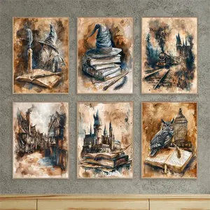 6pcs Frameless 2D Dark Academia Castle Train Art Poster, Magical Wizard Owl Canvas Print for Wall Decoration Gift No Frame