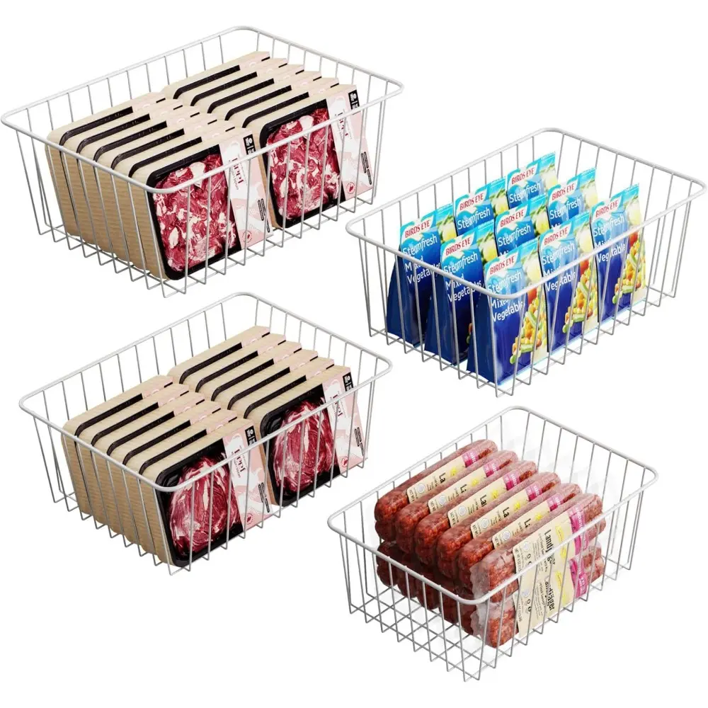 Freezer Organizer Bins-4 Pack Upright Freezer Baskets For 16/17/21 Cu.Ft Stand-up Freezer - 2 Large 2 Medium, White - Easy Food Access, Prevent Food From Falling Out, Better Ventilation