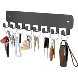 pickpiff 1 Pack Key Holder for Wall Adhesive, Key Hooks with 8 Hooks Wall Mounted, Black Key Hangers for Living Room, Kitchen, Office