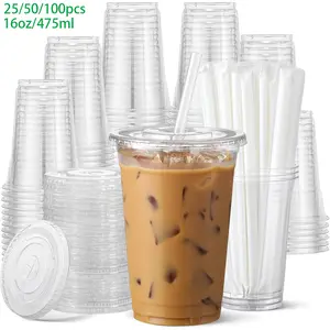 25/50/100 Pack 16oz/475ml Clear Plastic Cups with Lids & Straws, Disposable Leak-Proof Tumblers, Iced Coffee Cups for Cold Beverages, Smoothies, Durable PET Cups, BPA-Free, Transparent Drinkware, Pop Cups, Halloween & Christmas Parties
