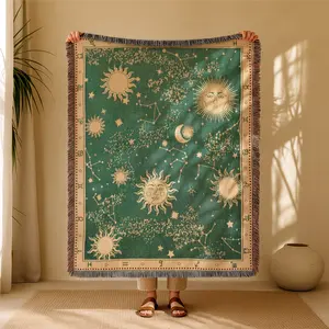 Retro Astrology Bohemian Yarn Jacquard Woven Blanket with Tassel, Thick Soft Washable Blanket, Used for Home Decor Sofa Chair Bed Tapestry Tablecloth Floor Garden Picnic Outdoor Camping
