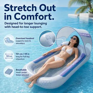 Inflatable Pool Float with Canopy, 151x78cm/59x31in Thickened PVC Water Hammock Lounger, Foldable Mesh Floating Bed Raft with Sunshade, Portable Adult Pool Float for Swimming Pool, Beach, Lake, Pool Party & Summer Outdoor Water Play