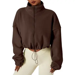 QINSEN Women's Full Zip Fleece Short Jacket Warm Winter Long Sleeve Stand Collar Sherpa Crop Coat