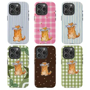 Cute Orange Cat Phone Case with Fish – Pastel Pattern Protective Cover, Gift for her, Gift for him, many background, Cartoon Phonecover, Ocean, Stripe checker phonecover