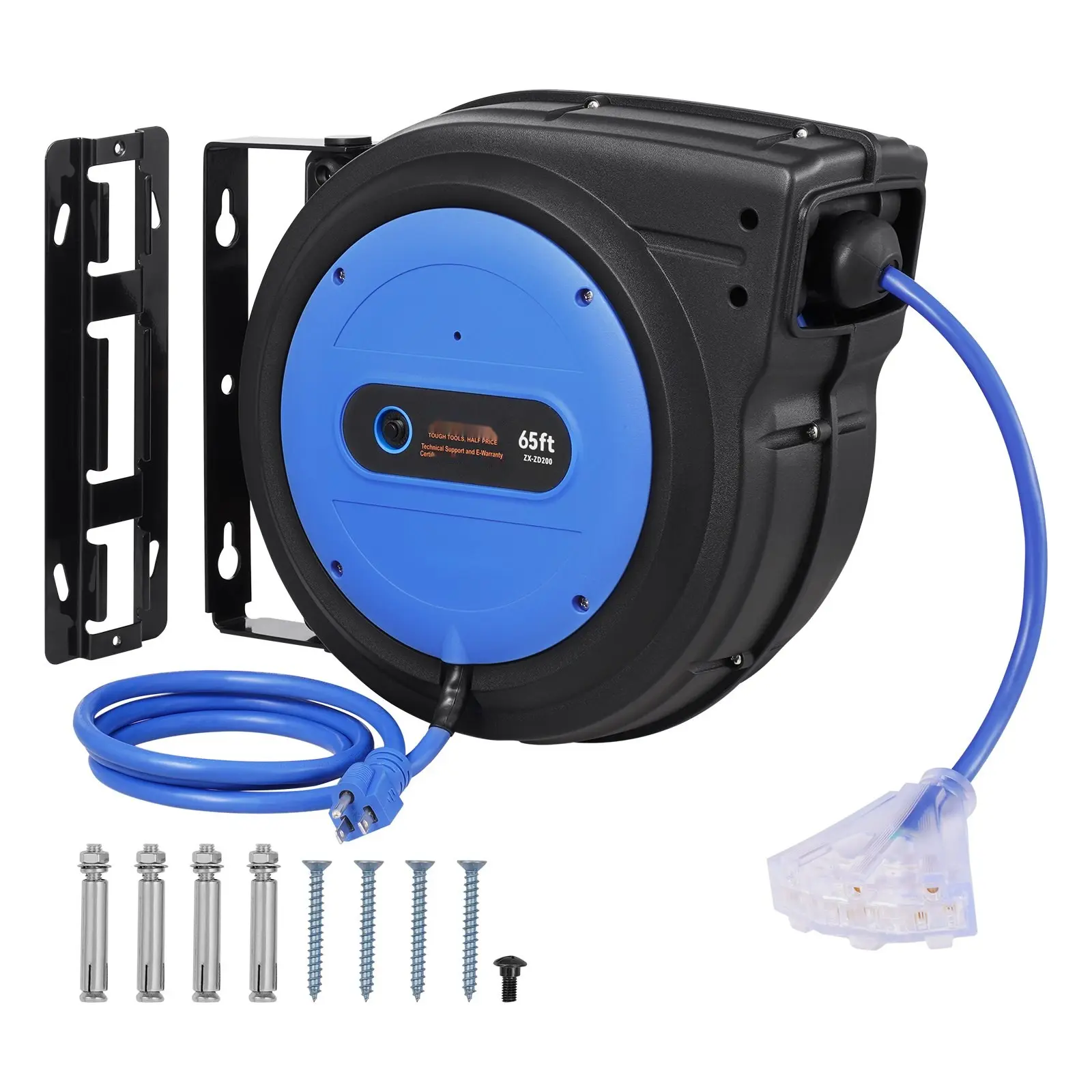 Retractable Extension Cord Reel With 65-Foot Length, 12 AWG, 3-Conductor SJTOW Power Cable, Heavy-Duty Wall-Mountable Reel For Workshop, Garage, And Construction Sites, Quick-Rewind Feature, Durable Cable Organizer