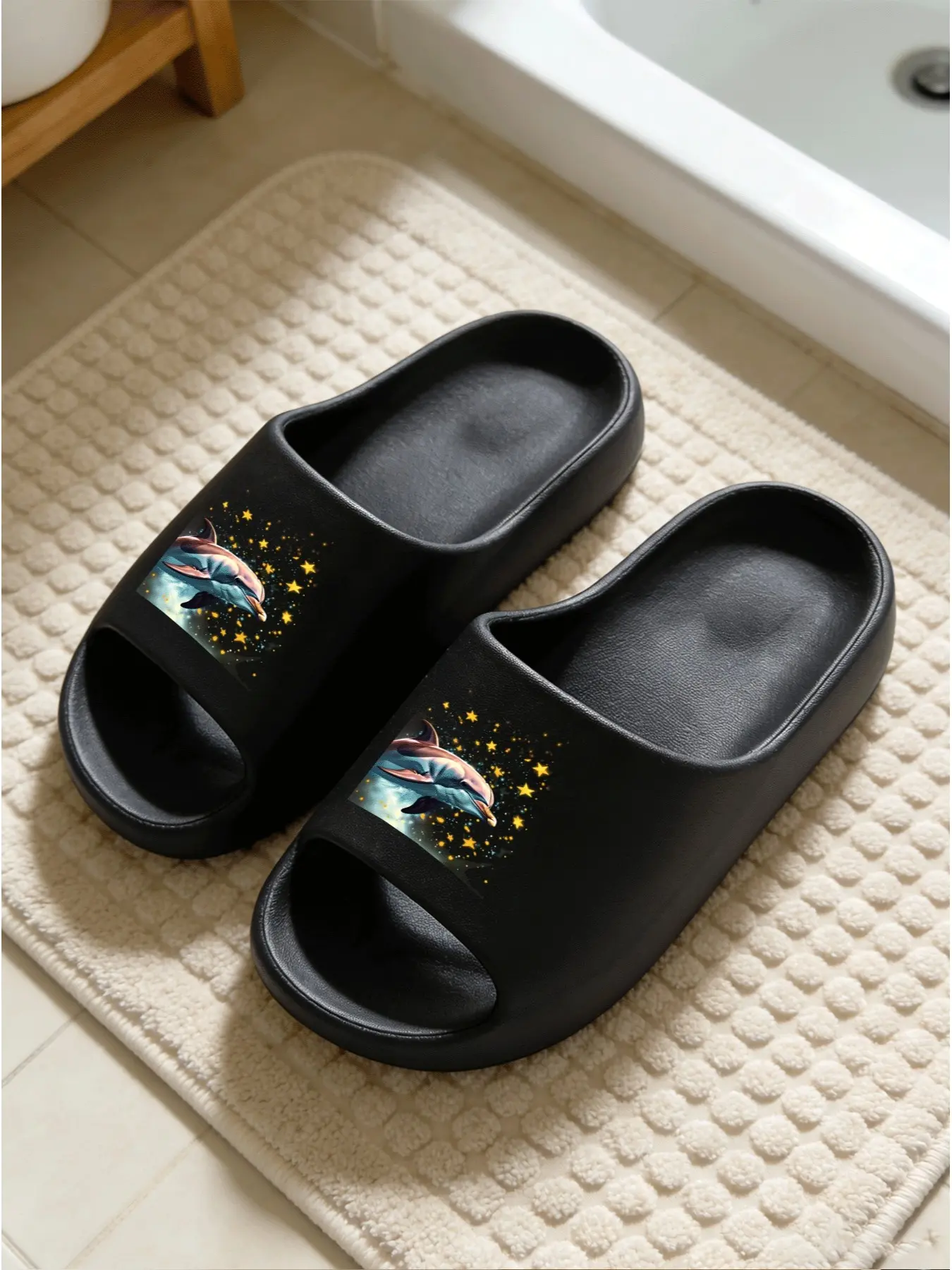 Starlight Dolphin Print Thick Sole Sandals, Non-Slip Bathroom Slippers, Casual Eva Material, Medium Width, All-Season Comfort