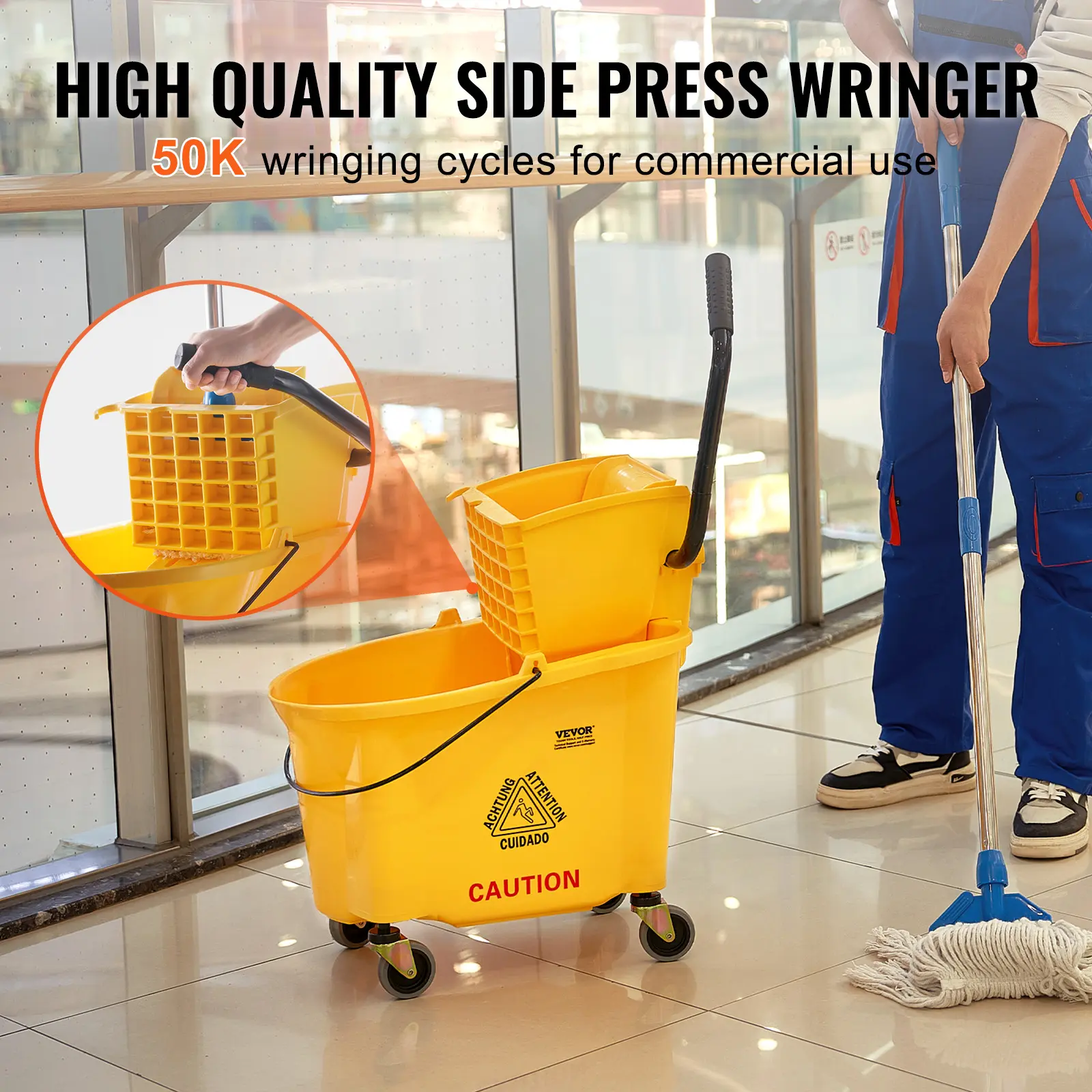 VEVOR Mop Bucket with Wringer, 35 Qt. Commercial Mop Bucket with Side Press Wringer, Side-Press Mop Bucket and Wringer Combo on Wheels, for Professional/Industrial/Business Floor Cleaning