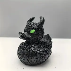 1Count Gothic Fantasy Devil Duck Statue - Resin Skull & Horns Decor with Glowing Green Eyes, Intricate Dark Design for Home Office Desk Shelf Decoration, No Electricity Needed