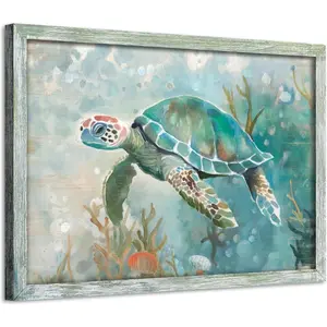 Framed Wall Art: Marine Life Picture Sea Animal Painting Underwater Coral Prints Sealife Decor Green Beach Coastal Artwork for Bathroom