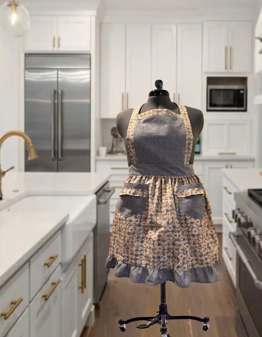 Classic Apron (Checker Denim & Daisies)
