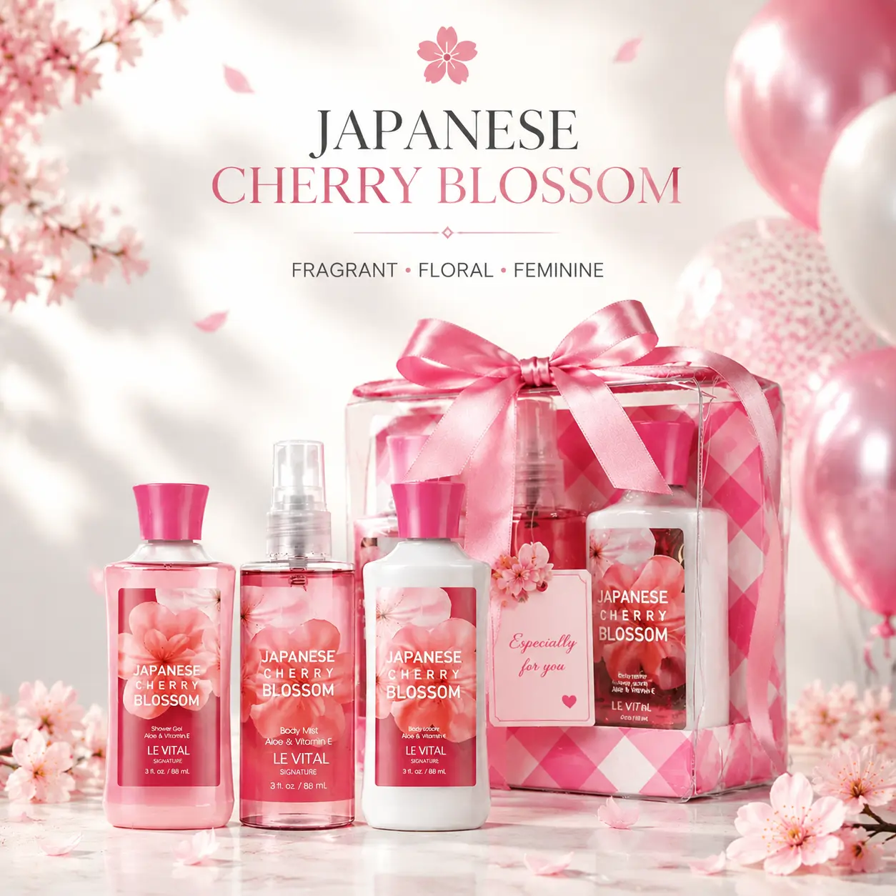 Women's Vital Luxury Japanese Cherry Waterproof Body Care 3-Piece Multi-Pack Travel Gift Set - 3oz Shower Gel, Lotion, Body Mist - Lightweight, Moisturizing, Fresh, Gift Ready - Ideal for Beauty Products Lovers, Vanilla, Cotton Candy, Floral, Mini Gift Se