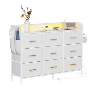 White Dresser for Bedroom with Light Strip & Power Outlet — 9 Drawers Dressers & Chest of Drawers with Shelf, Wood Top, Metal Frame, Wide Dressers for Girls Bedroom, Living Room, Hallway, Closet