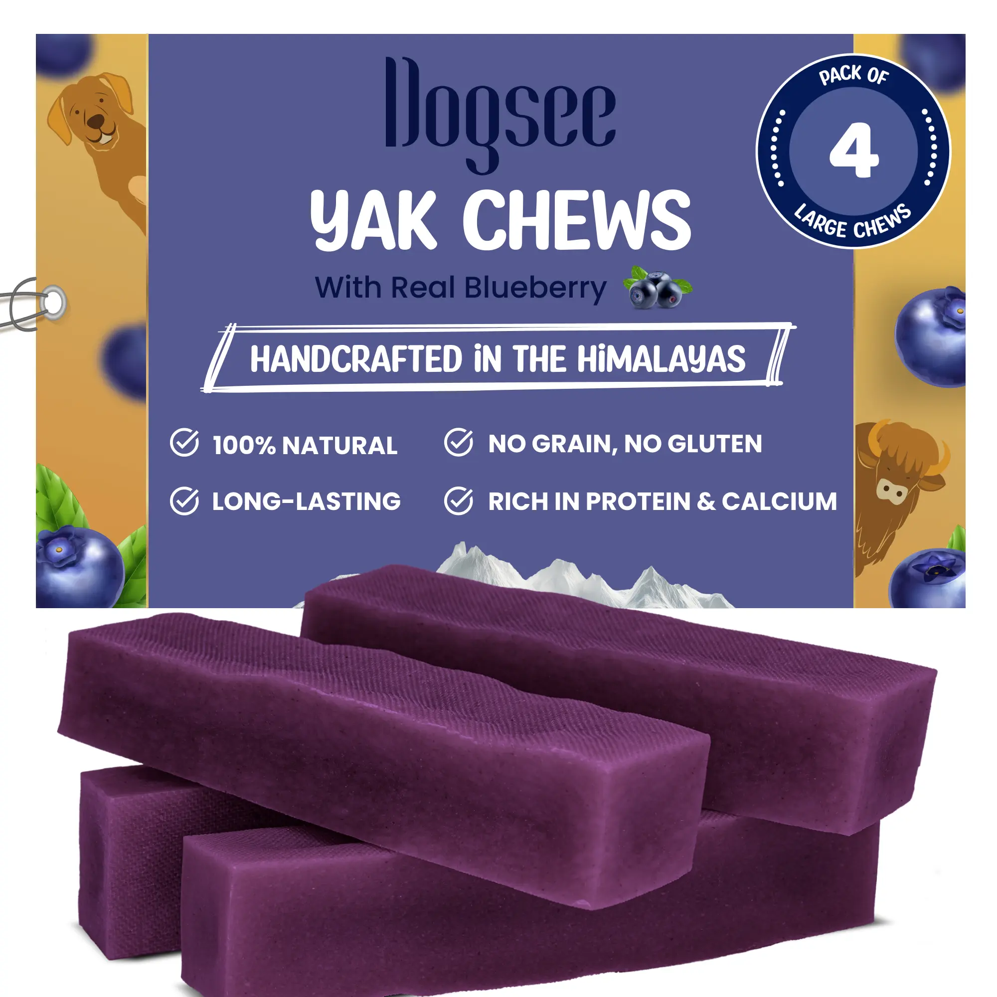 Dogsee Blueberry Flavor Himalayan Yak Cheese Dental Chews for Dogs - (Large 4) 60% Protein, Dog Treats Healthy Cleans Teeth & Freshens Breath No Grain, No Gluten Dog Chews Rawhide Free