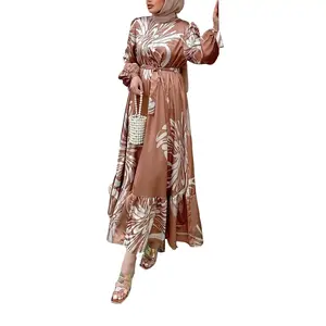 Modest Maxi Floral Dress With Belt Womenswear Casual Long Sleeve Women