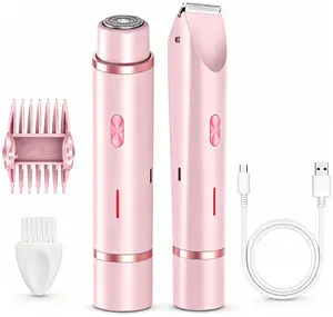 Bikini Trimmer for Women, Rechargeable Electric Shaver and Razor 2-in-1 Body & Facial Epilator, Painless Hair Removal for Pubic Hair, Legs, Face and Underarms, Waterproof Wet & Dry Use