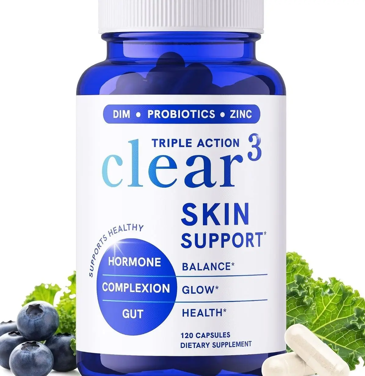 Clear Skin Supplement with Zinc, DIM & Probiotics | 3-in-1 Hormone, Gut & Complexion Support | Triple Action Hyaluronic Acid, Niaciminide & Vitamins for Skin Balance, Glow & Health Support | 120 Ct