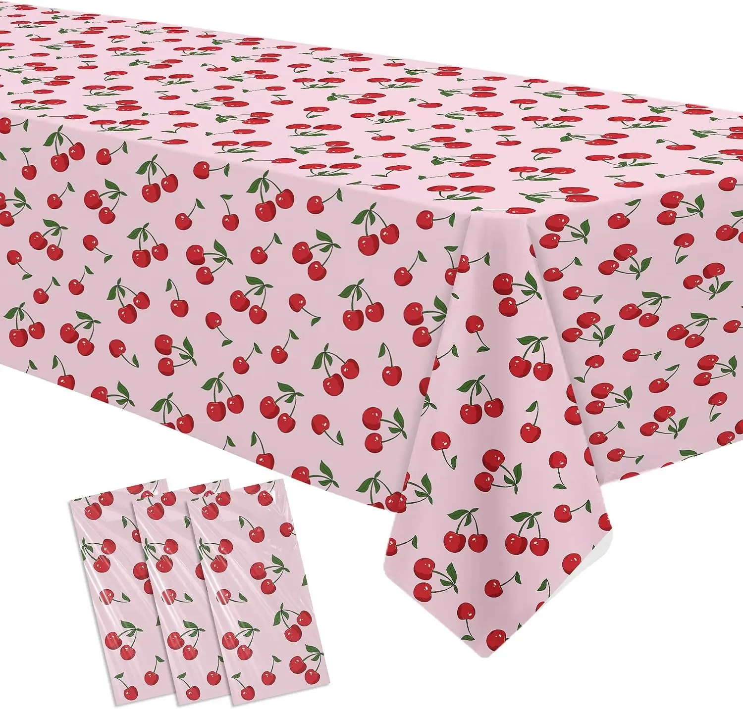 Cherry Birthday Decorations Tablecloth, 3 Pack Disposable Fruit Theme Cherry Party Supplies Table Cover for Birthday, Baby Shower, 55in x 86in