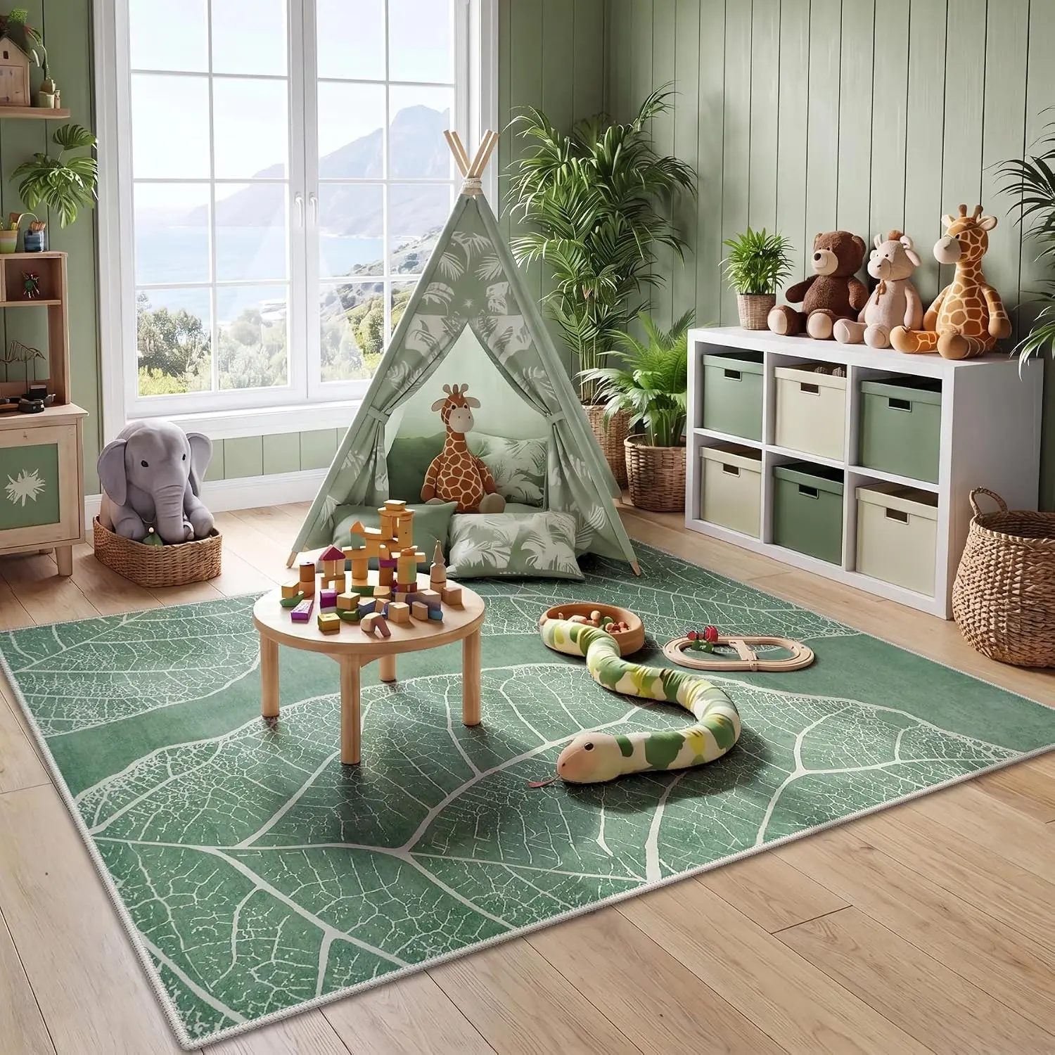 Tribesigns Abstract 5x7 Machine Washable Area Rugs for Living Room, Soft Rug for Bedroom Dining Room, Boho Non-Slip Low Pile Carpet for Entryway Kitchen Decor, Green Botanical Leaf Print