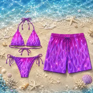 Neon Flame Couple's Beach Swimwear Set - Matching Women's Bikini and Men's Beach Shorts