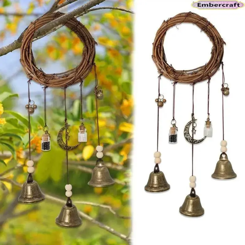 Witchy Protection Bells Wreath, Rustic Hanging PU Ornament, Boho-Gothic Spiritual Charm for Door, Wall & Bedroom Decor, Hangable