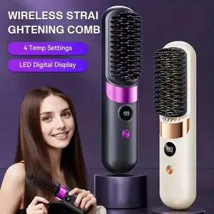 2026 Upgrade VersionPortable Wireless Hair Straightener Brush, Fast Heating, Suitable For All Hair Types, Anti-Scald Design, LED Digital Display, Rechargeable, Lightweight And Portable, Suitable For Home And Travel Use, Fashionable Handle Design, Professi
