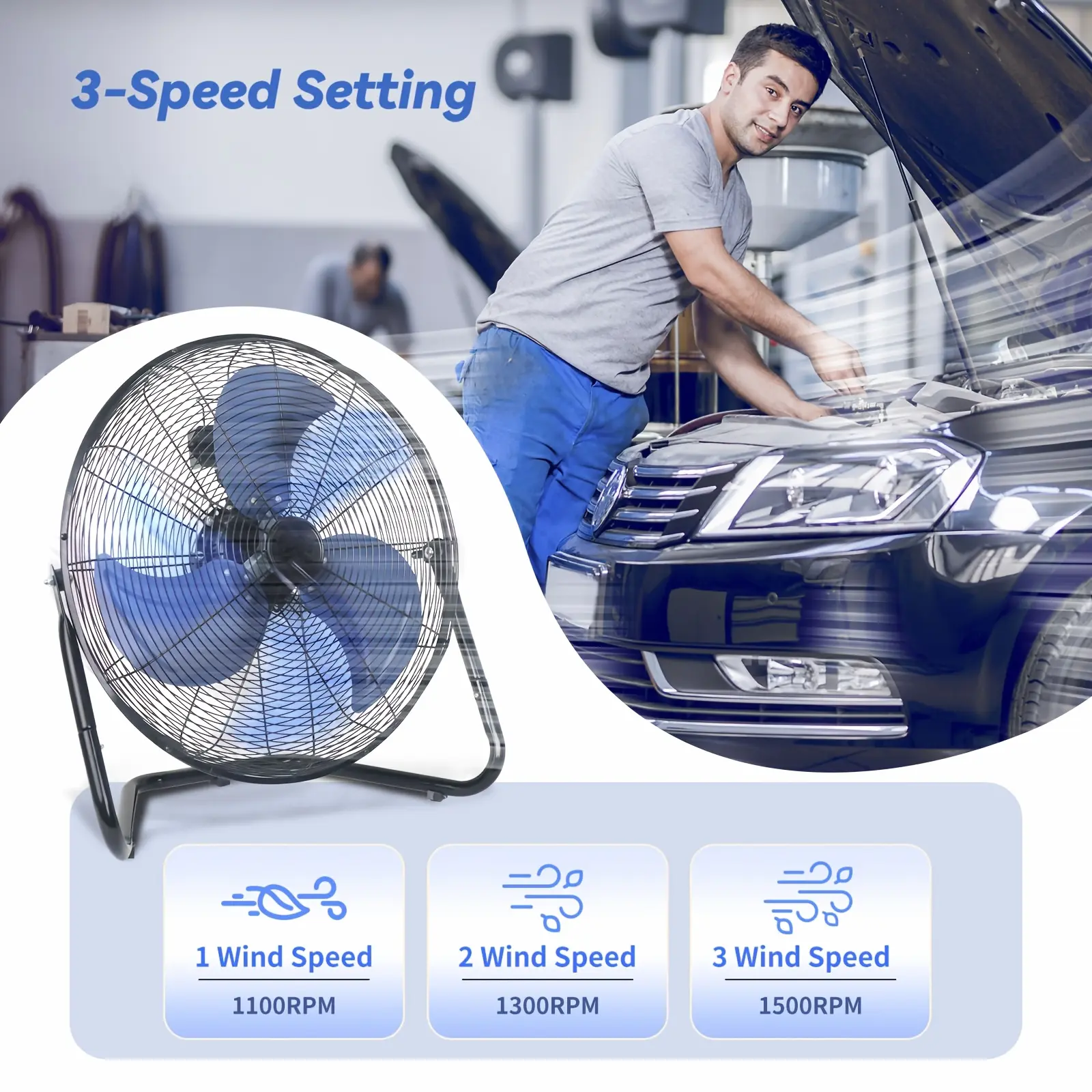4/9/14/20 Inch High Velocity Industrial Floor Fan, 3-Speed Heavy Duty Metal Cradle Floor Fans with 360° Tilt for Warehouse, Workshop, Garage, Factory And Basement, Black & Blue, for Road Trips
