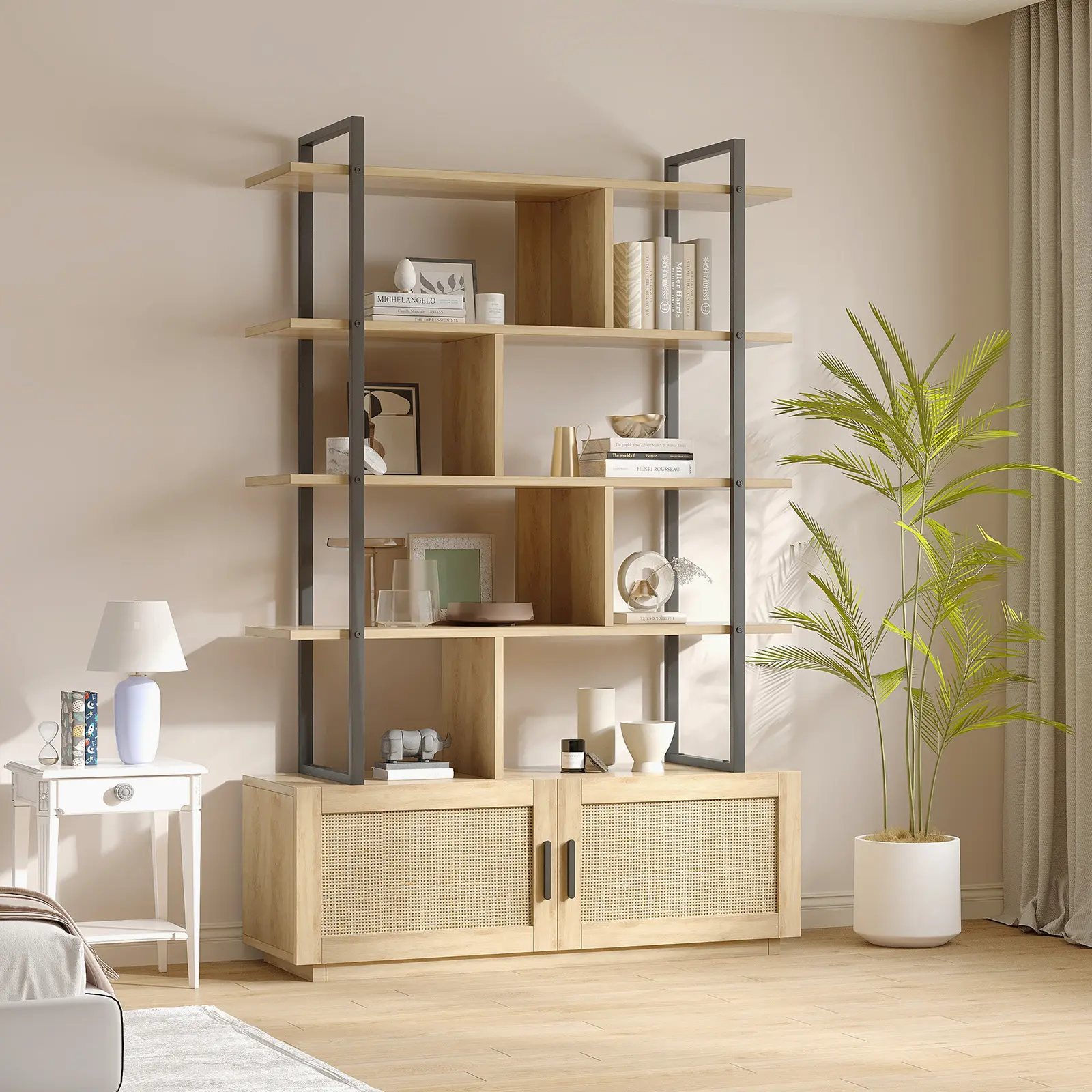 📚 71" Rattan Bookcase with Door – 5-Tier Industrial Style – Metal & Wood Frame, Open + Hidden Storage ✨, Bookshelf, Furniture Living Room, 71 In