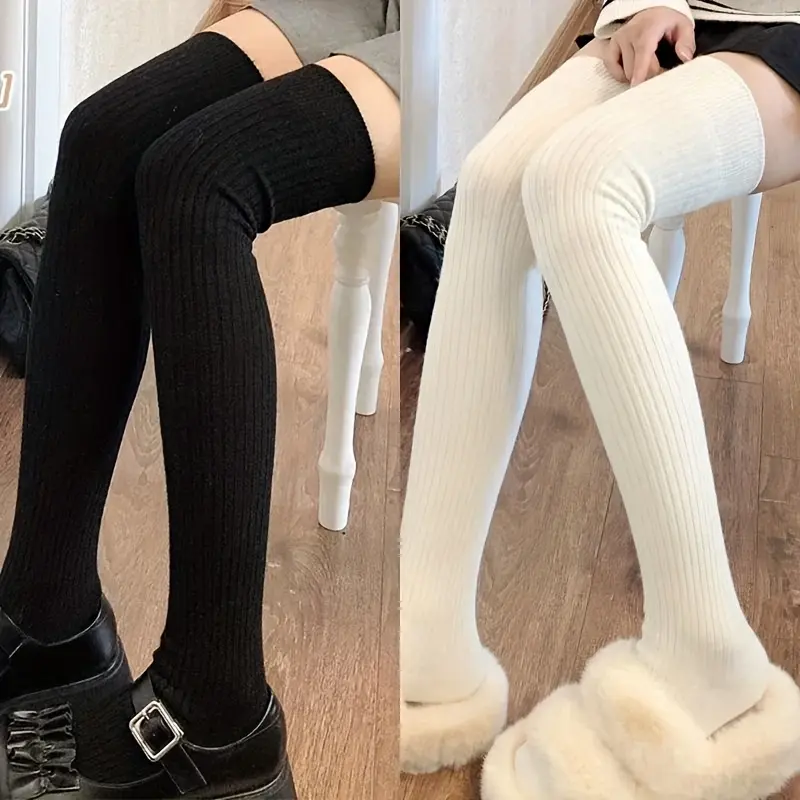 Women's Basic Chunky Knit Knee-High Socks, 2-Pack Solid Plain Elastane Nylon High-Stretch All-Seasons Lightweight Durable One-Size Winter Essentials for Casual Office Wear, Hand Wash Only