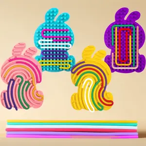 Easter Bunny Sensory Board - 4 Pack Double-Sided Silicone Fidget Toys with 24 Strings, Calming Sensory Toys for Kids with Anxiety, Easter Basket Stuffers & Party Favors