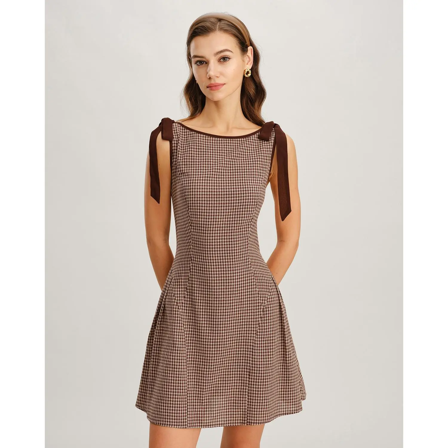 RIHOAS Women's Ready to Wear Retro Plaid Mini Dress in Cotton Fabric with A-Line Cut, Boat Neck, and Ruched Tie Straps, Waisted, Casual Wear, Women's Clothes, Checkered Print, Sleeveless, Vintage Clothing, Daily Wear